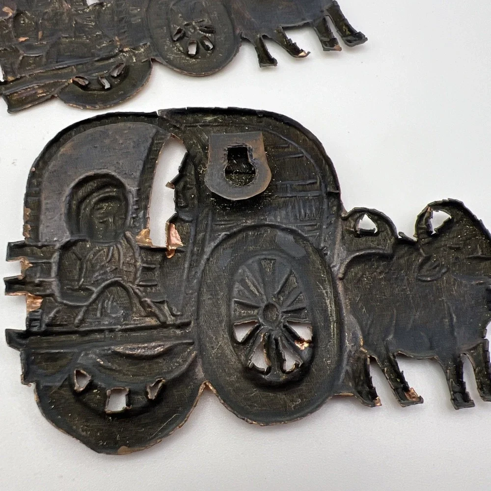 X4 Covered  Wagon Cattle Women Copper Metal Wall Hangings VTG